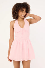 Luck & Trouble Marni Shirred Halter Mini Dress Pink