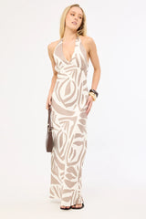 Perfect Stranger Shea Halter Maxi Dress Taupe Print