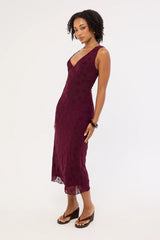 Luck & Trouble Gia Flocked Midi Dress Dark Burgundy