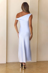Parisian Life Off Shoulder Satin Midi Dress Blue