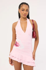 Luck & Trouble Wisteria Flower Halter Mini Dress Pink