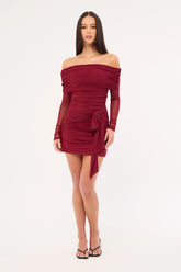 Luck & Trouble Elyse Off Shoulder Long Sleeve Mini Dress Burgundy