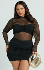 Zoe Mini Dress - Long Sleeve Mesh Dress in Black