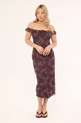 Motel Catrin Dress Doodle Flower Flock Brown