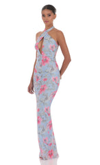 Floral Cutout Halter Maxi Dress in Blue