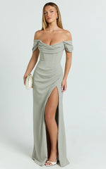 Marcel Maxi Dress - Off Shoulder Corset High Split Dress in Sage