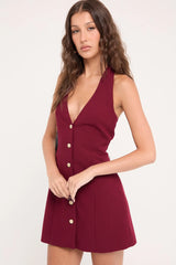 Perfect Stranger Halter Suiting Vest Mini Dress Burgundy