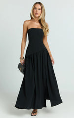 Nadiane Midi Dress - Strapless Asymmetric Drop Waist Dress in Black