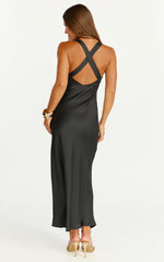 Khalani Maxi Dress - Deep V Neck Satin Slip Dress in Black