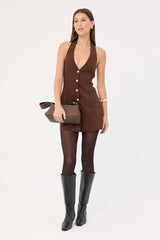 Perfect Stranger Halter Suiting Vest Mini Dress Brown