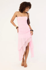 Luck & Trouble Malia Strapless Asymmetrical Midi Dress Pink