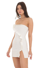 Flower Ruffle Slit Dress in White