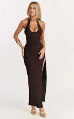 Ruby Maxi Dress - Halter Scoop Neck Low Back Bodycon Dress in Chocolate