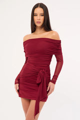 Luck & Trouble Elyse Off Shoulder Long Sleeve Mini Dress Burgundy