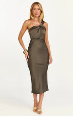 Aria Midi Dress - One Shoulder Twist Detail Satin Bias Cut Dress in Espresso