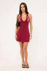 Motel Hepzhi Mini Dress Burgundy Floral Embroidery