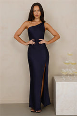 The Aurora One Shoulder Satin Maxi Dress Navy