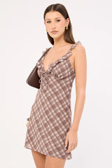 Luck & Trouble Alina Chiffon Mini Dress Brown Plaid