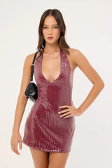 Motel Hepasi Halter Dress Clear Sequin Maroon