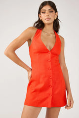 Perfect Stranger Menorca Halter Button Linen Mini Dress Red