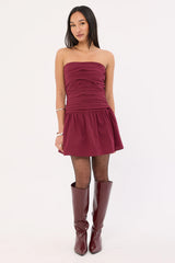 Luck & Trouble Strapless Drop Waist Mini Dress Burgundy