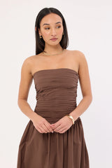 Luck & Trouble Strapless Drop Waist Midi Dress Brown