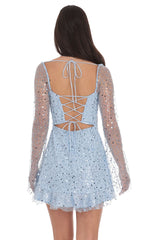 Sequin Flare Long Sleeve Dress in Light Blue