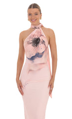 Mesh Floral Scarf Strap Maxi Dress in Pink