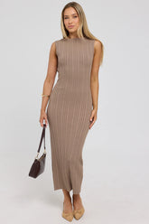 Luck & Trouble Rib High Neck Open Back Knit Midi Dress Tan