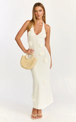Elodie Maxi Dress - Halter 3D Floral Knit Dress in Cream