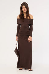 Perfect Stranger Rosetta Off Shoulder Long Sleeve Maxi Dress Ash Brown