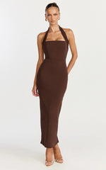 Salome Midi Dress - Halter Neck Column Dress in Chocolate
