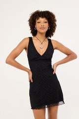 Luck & Trouble Gia Flocked Mini Dress Black Polka