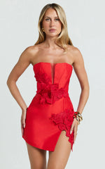 Dolores Mini Dress - Strapless Plunge Bodycon Leg Split Dress in Red