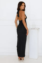 Electric Bloom Halter Maxi Dress Black