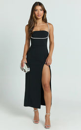 Sharley Midi Dress - Diamante Detail Pencil Dress in Black