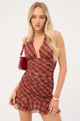 Perfect Stranger Mahli Mesh Halter Mini Dress Brown Check