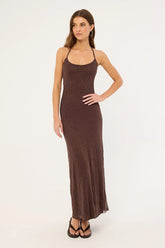 Luck & Trouble Shimmer Halter Glitter Maxi Dress Brown