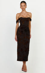 Karlene Midi Dress - Ruched Corset Burnout Dress in Black and Brown
