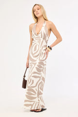 Perfect Stranger Shea Halter Maxi Dress Taupe Print