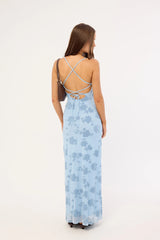Luck & Trouble Claudia Lace Up Flocking Maxi Dress Blue