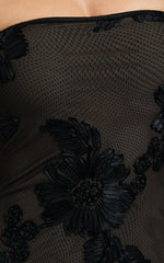 Shelby Mini Dress - Strapless Rosette Bodycon Dress in Black