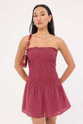 Luck & Trouble Andie Shirred Mini Dress Burgundy Check