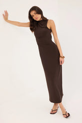 Perfect Stranger Havana High Neck Open Back Maxi Dress Brown
