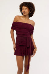 Luck & Trouble Samba Lace Off Shoulder Mini Dress Plum