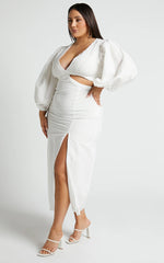 Miggy Midi Dress - Puff Sleeve Cut Out Split Dress in White