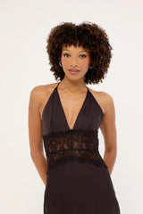 Luck & Trouble Rietta Lace Halter Maxi Dress Dark Brown