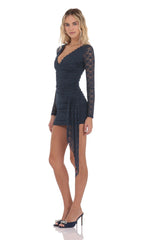 Lace Long Sleeve Tassel Dress in Navy
