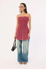 Luck & Trouble Andie Shirred Mini Dress Burgundy Check