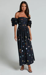 Brianna Midi Dress - Off Shoulder Dress in Black Print